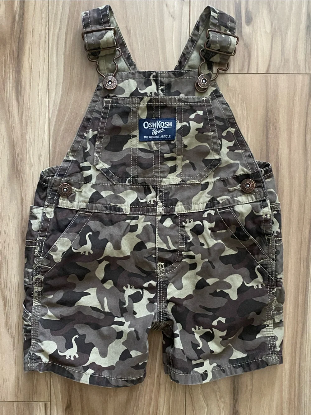 OshKosh B'gosh Boys Camo With Dinosaur’s Overall Shortalls Size 6 Months
